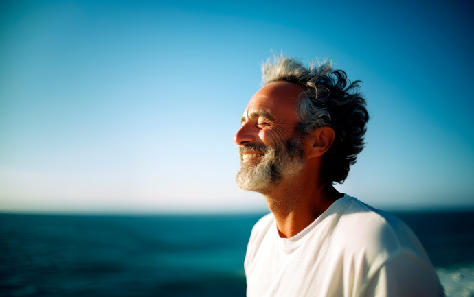 Hombre feliz, disfrutando de la naturaleza por tener una mente positiva.